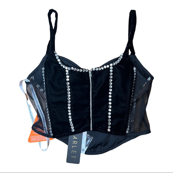 NEW Starlet ASOS Black Crushed Velvet Embellished Zip Back Corset Top 8 - Picture 4 of 10